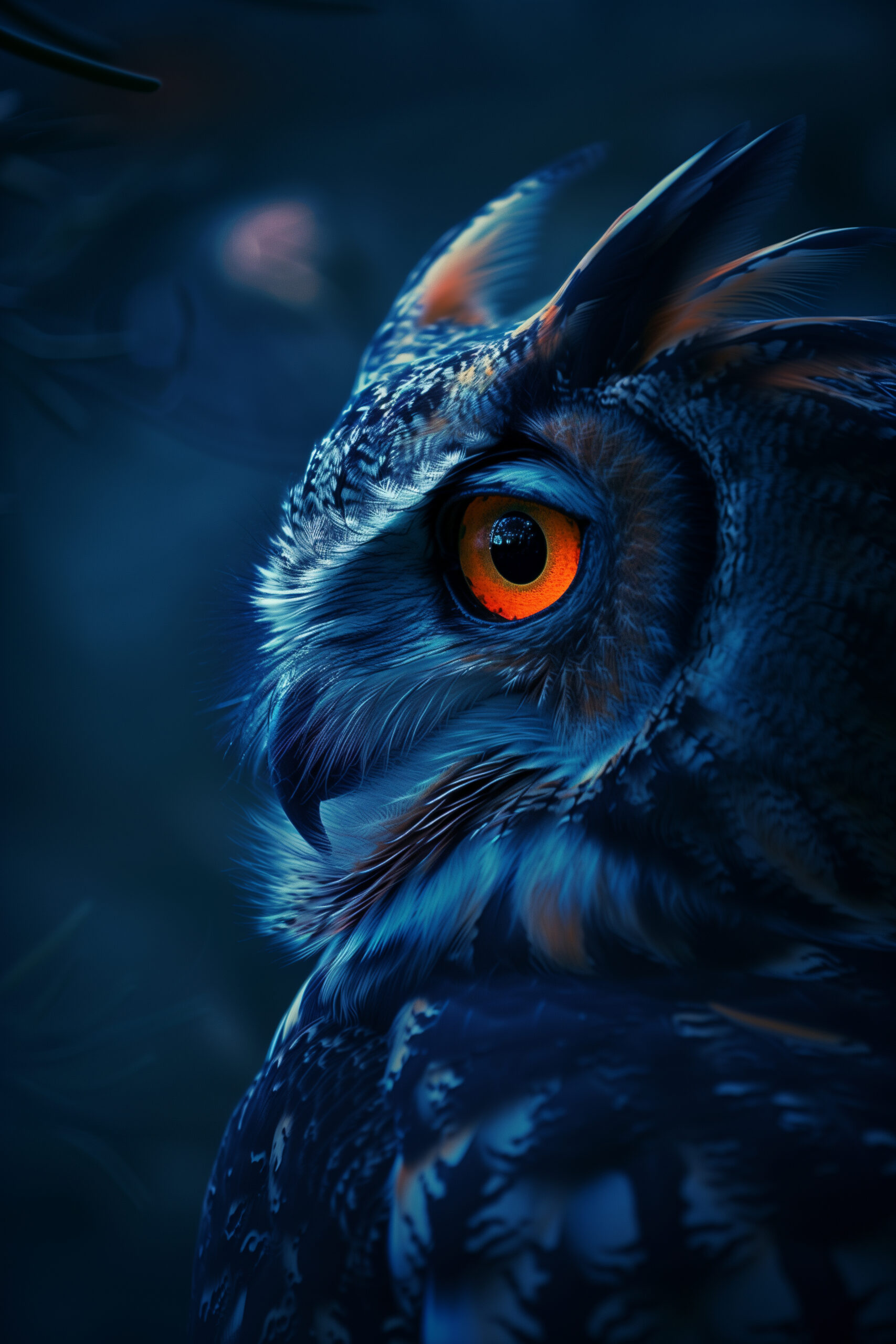 4K side view face close up photograph of eurasian eagle-owl, dark night nocturnal blue ambience, night scene --ar 2:3 Job ID: 7965fe15-3cff-4caf-9fbc-6fb5672d8193